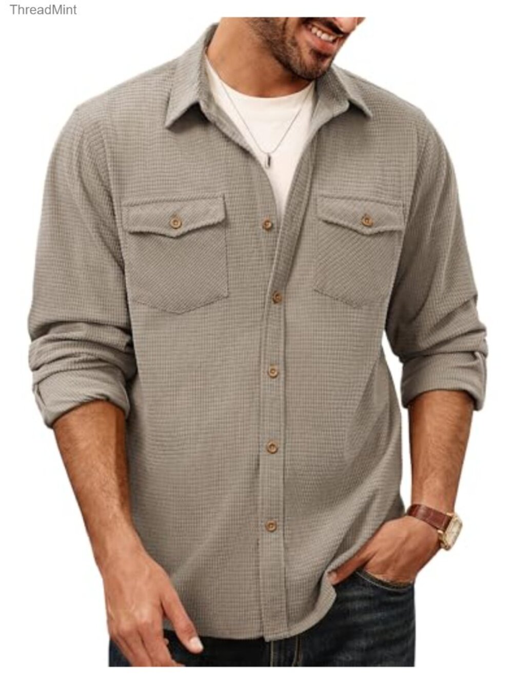 Men's Waffle Textured Long Sleeve Button Down Shirt Casual Overshirt